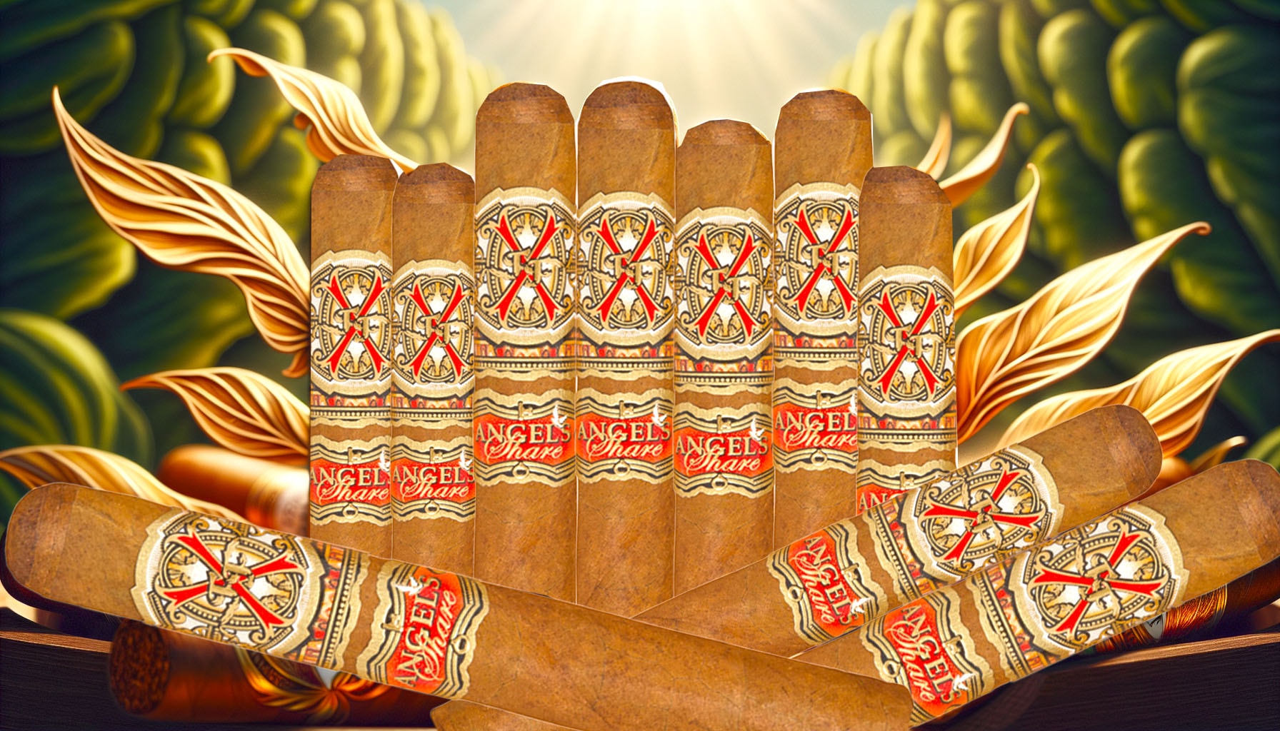 An illustration showcasing Fuente Fuente Opus X Angel's Share cigars with a glorious wrapper tobacco.