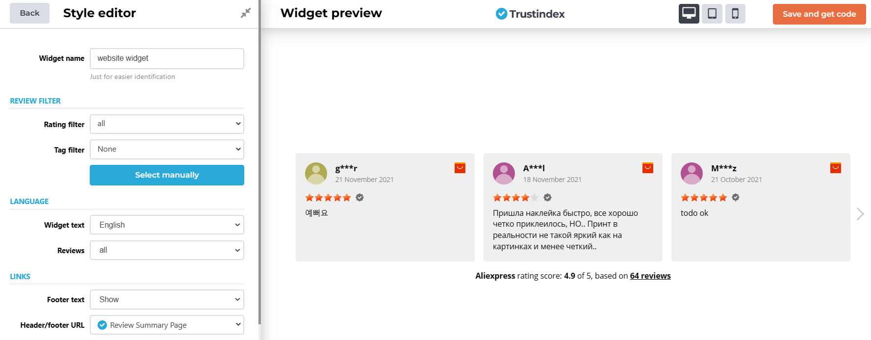 aliexpress reviews widget customization options custom css