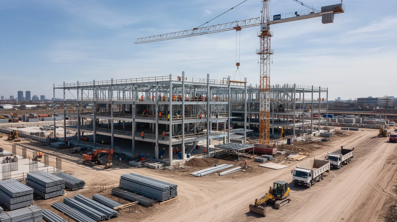 A drone flies above an active construction site with cranes and steel framing, representing technology that can support site observation and construction risk management.