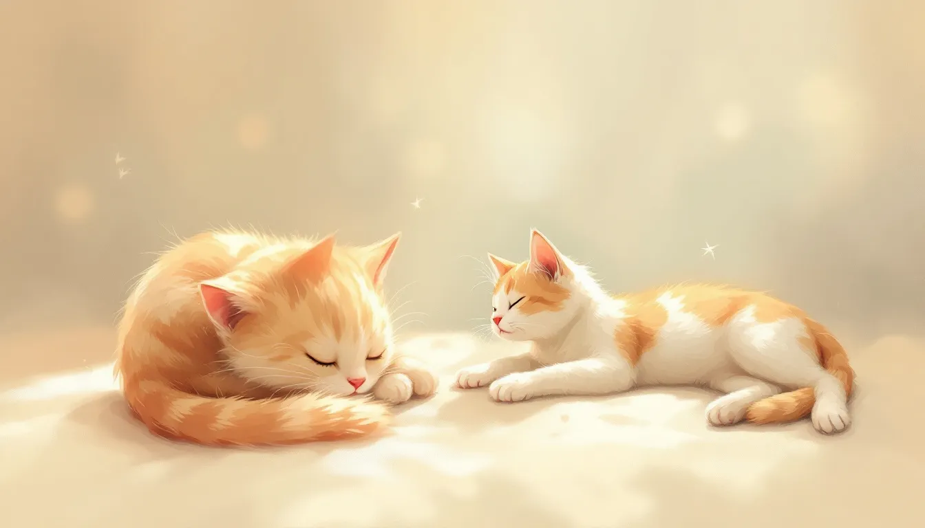 Verschillende lighoudingen van katten, waaronder een slapende kat en een kat die languit ligt.