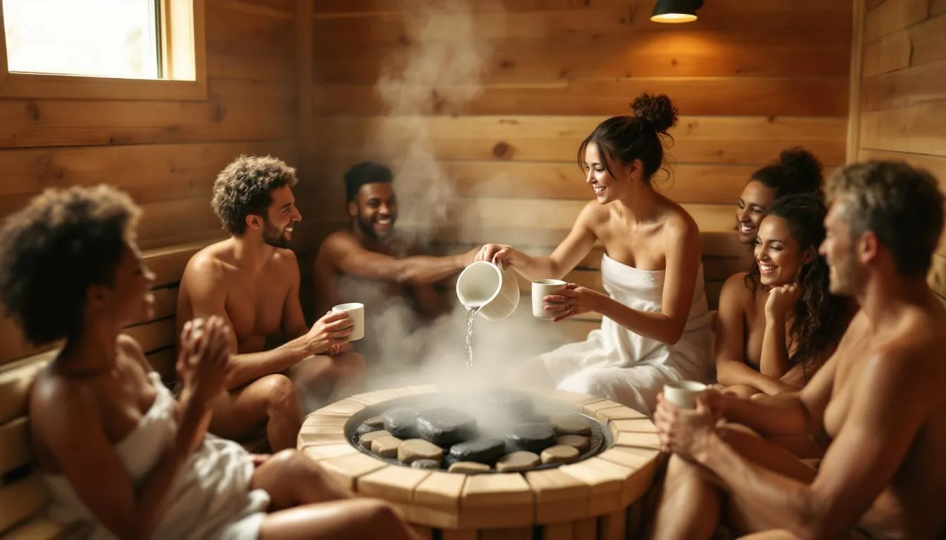 Cultural traditions being shared in a sauna setting, fostering community building.