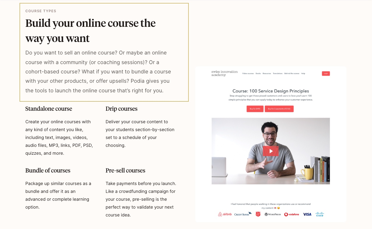 Podia online course platform features