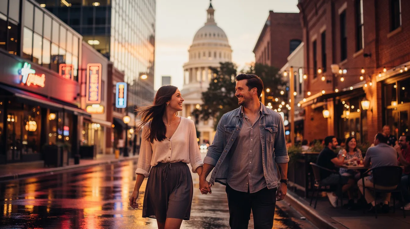 A couple enjoys a romantic date night by Lady Bird Lake in Austin, TX, surrounded by twinkle lights and live music, creating an intimate atmosphere perfect for a special occasion. The scene captures the essence of Austin's vibrant culture, with food trucks nearby and a picturesque sunset reflecting on the water.