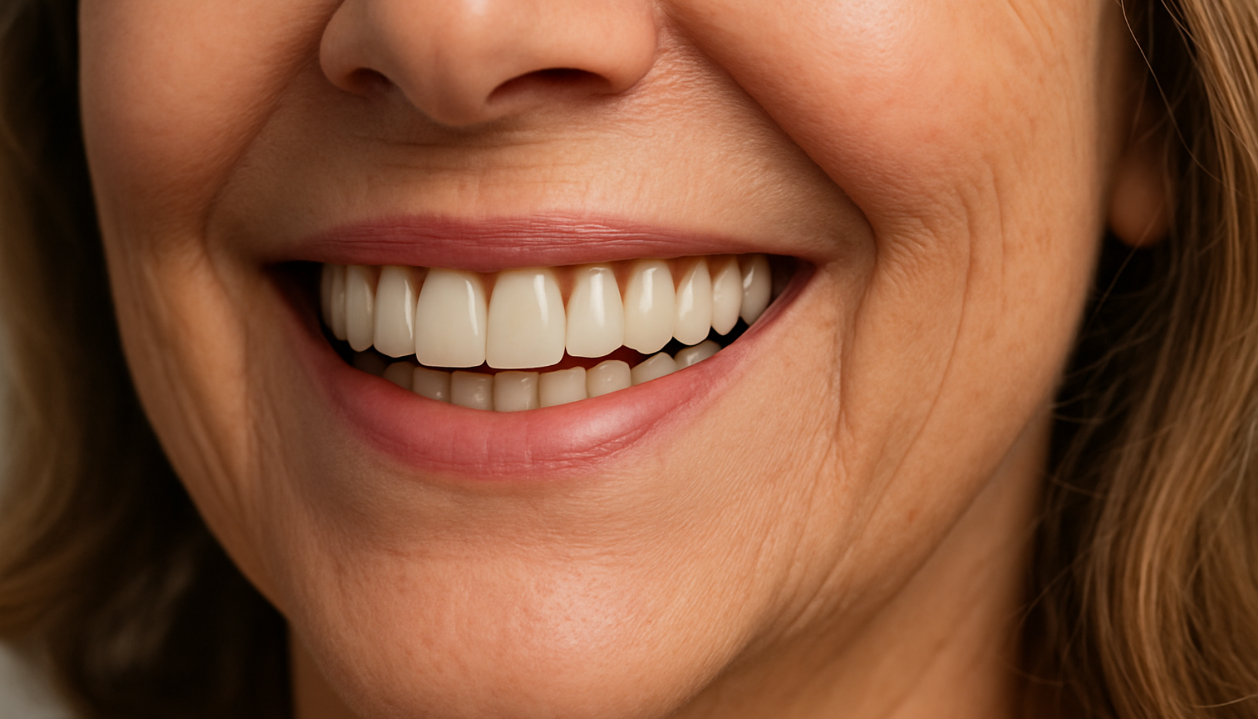 Falske tenner som ser ekte ut – Moderne løsninger for et naturlig smil 16 Smilende eldre kvinne med naturtro tannprotese som ser ut som ekte tenner og gir et naturlig utseende.