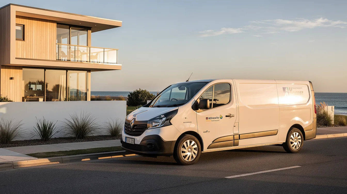 A service van is parked outside a coastal residential property, indicating the presence of a professional DSTV installer in Kommetjie, ready to provide DSTV installation and repair services for uninterrupted entertainment. The van suggests expertise in various installations, including DSTV dish installation and maintenance services for optimal viewing experiences.