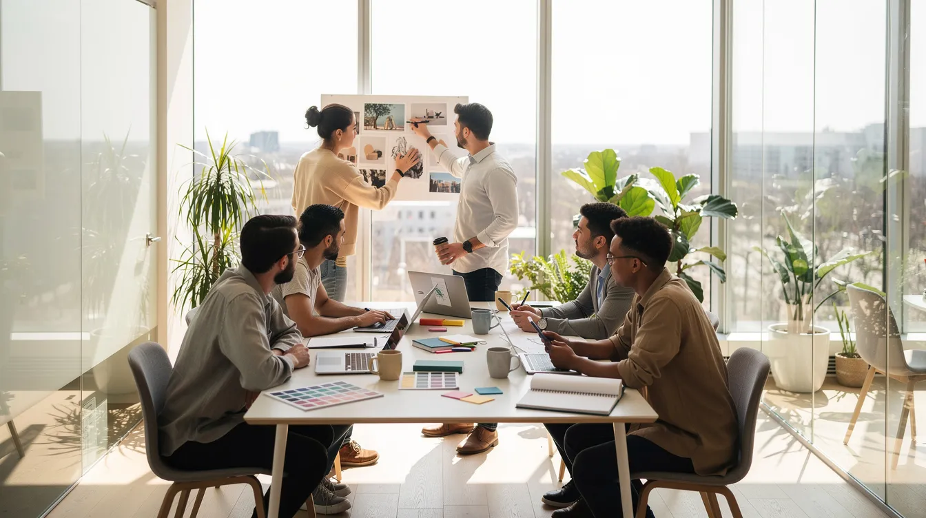 A creative team collaborates in a bright, modern office space, surrounded by stylish decor and large windows that let in natural light. They are engaged in discussions about Shopify development and e-commerce solutions, focusing on creating custom themes for established fashion brands.
