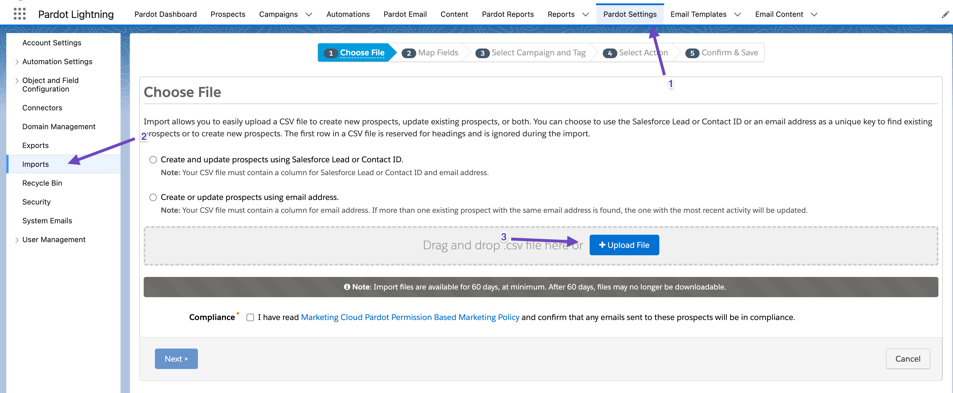 step by step instructions for how to import into pardot