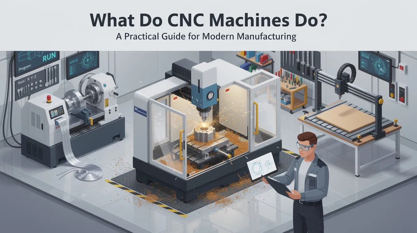 The image illustrates various types of CNC machines used in modern manufacturing, including CNC lathes, CNC milling machines, and CNC routers, showcasing their role in producing high precision parts and intricate designs. It highlights the CNC machining process, which utilizes computer numerical control to automate the manufacturing of complex geometries and components with minimal human error.