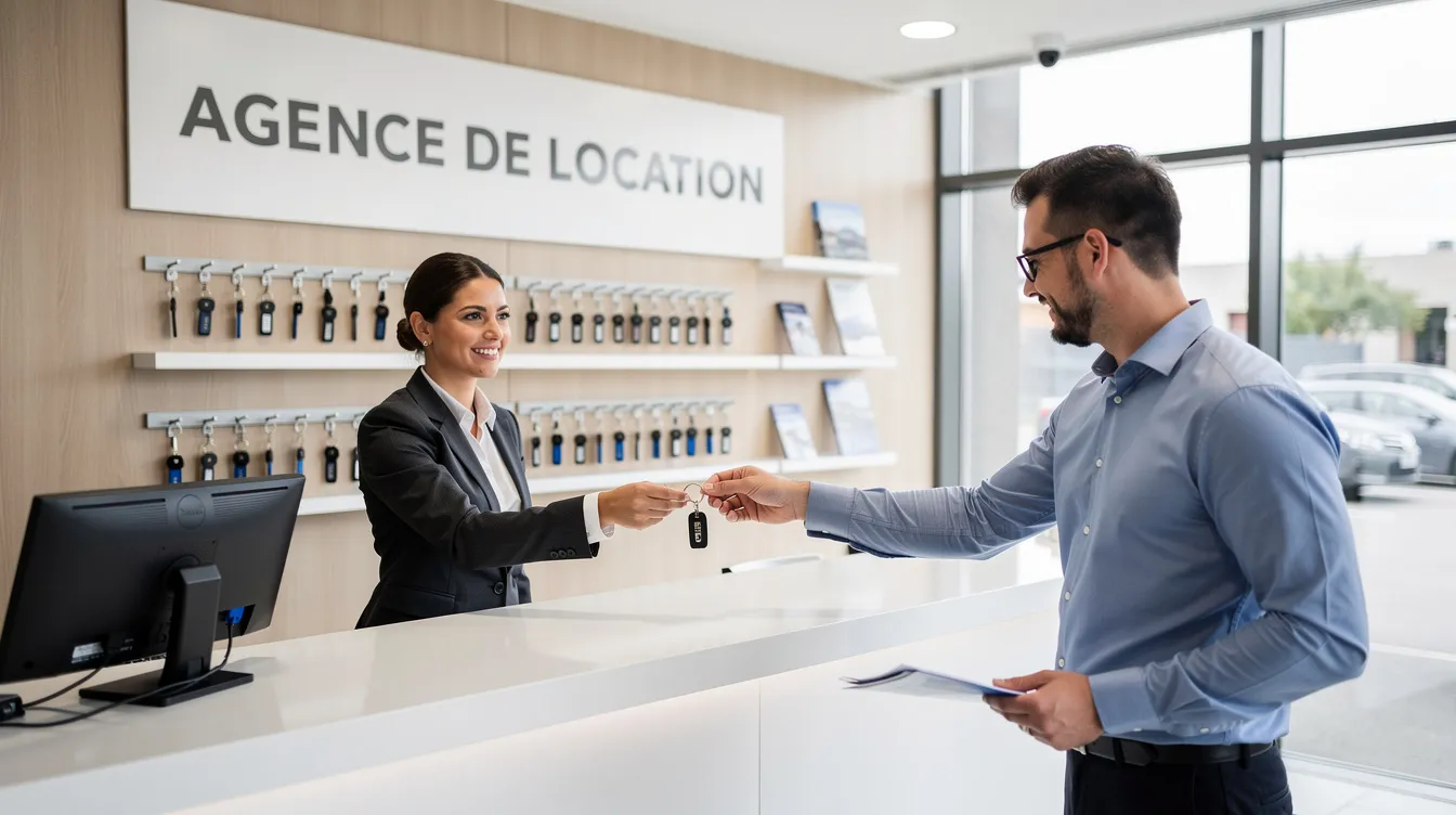 Un agent d'une agence de location de voitures remet les clés d'un véhicule à un client au comptoir, entouré d'informations sur les différents modèles disponibles, tels que la Ford Fiesta et la Renault Clio, adaptés aux besoins de voyage et de confort des clients.