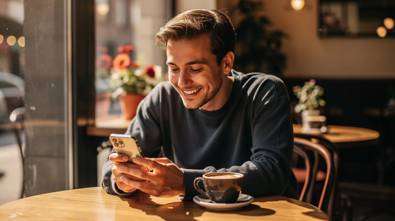 A person sits at a cozy cafe, gazing thoughtfully at their phone with a warm smile, possibly engaging with a dating app to explore meaningful connections in their dating journey. The scene captures the essence of online dating, reflecting a moment of hope and excitement for potential matches.