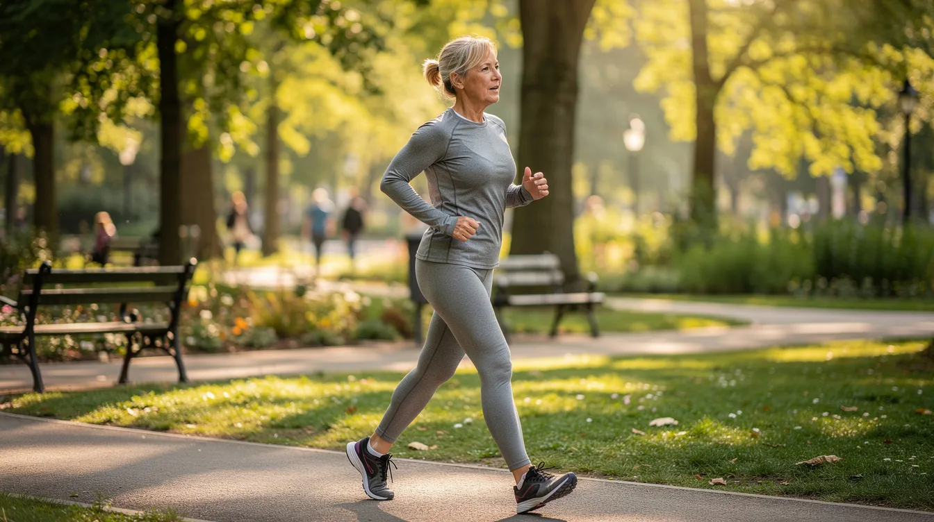 A woman over fifty is walking briskly through a sunlit park, surrounded by lush trees, embodying a healthy lifestyle that promotes weight loss and overall health. Her active exercise habits reflect a commitment to weight management and a healthy diet, crucial for achieving significant weight loss outcomes.