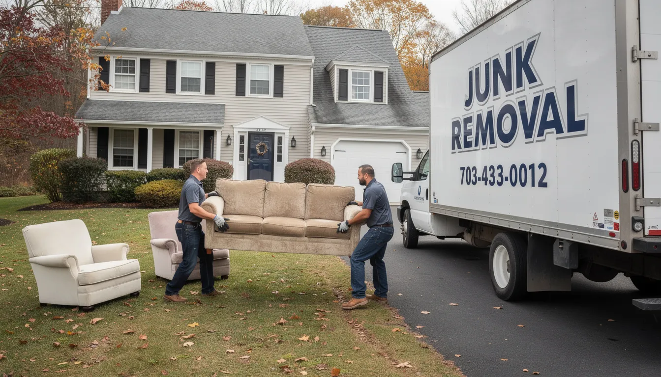 A professional junk removal crew is efficiently loading a large sofa into a branded truck outside a Connecticut home, showcasing their commitment to handling unwanted items with great care. This stress-free service helps homeowners reclaim valuable space by removing bulky furniture and other junk.