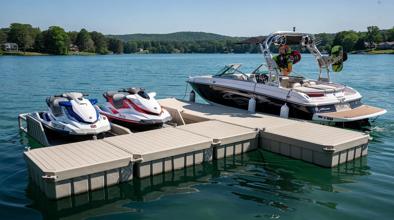 A modern polyethylene floating dock is showcased on a sunny recreational lake, featuring jet ski ports and a wakeboard boat, highlighting the best floating dock options for waterfront property owners. The dock system offers a slip-resistant surface, ensuring safe access for swimming and boating activities.