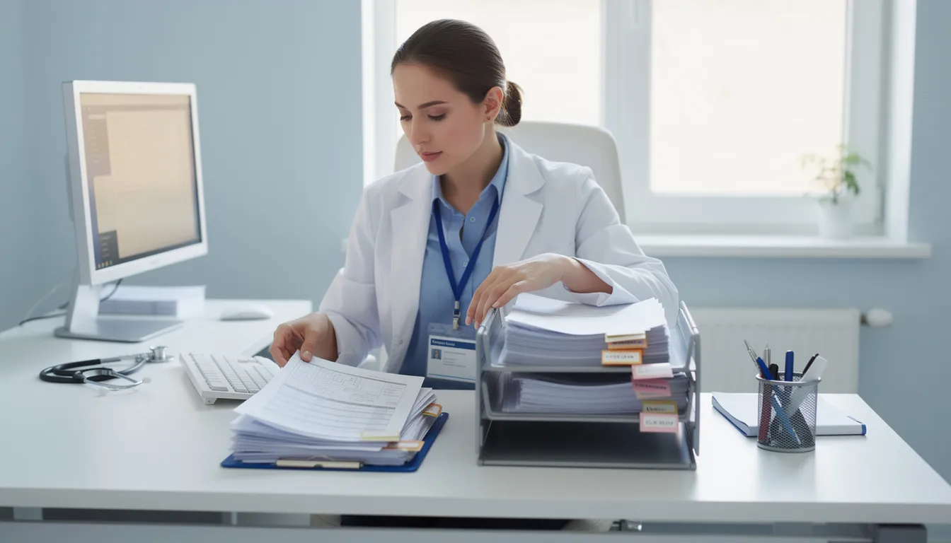 The image shows a person diligently organizing a stack of medical documents and files on a desk, highlighting the importance of accurate record-keeping in medical malpractice cases. This scene reflects the meticulous work often required by medical malpractice attorneys to support their clients in pursuing claims against healthcare providers for negligence.
