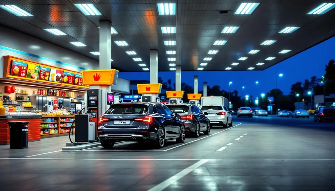 The image depicts a bustling gas station with multiple customers fueling their vehicles, highlighting the thriving gas station industry. This scene symbolizes the importance of gas station equipment financing for business growth, showcasing gas pumps and a convenience store in the background.