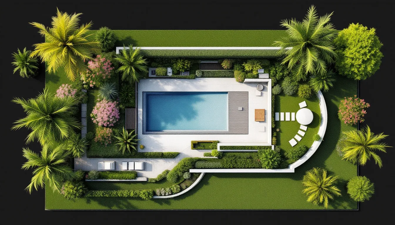 Beautifully landscaped pool area with plants and outdoor features.