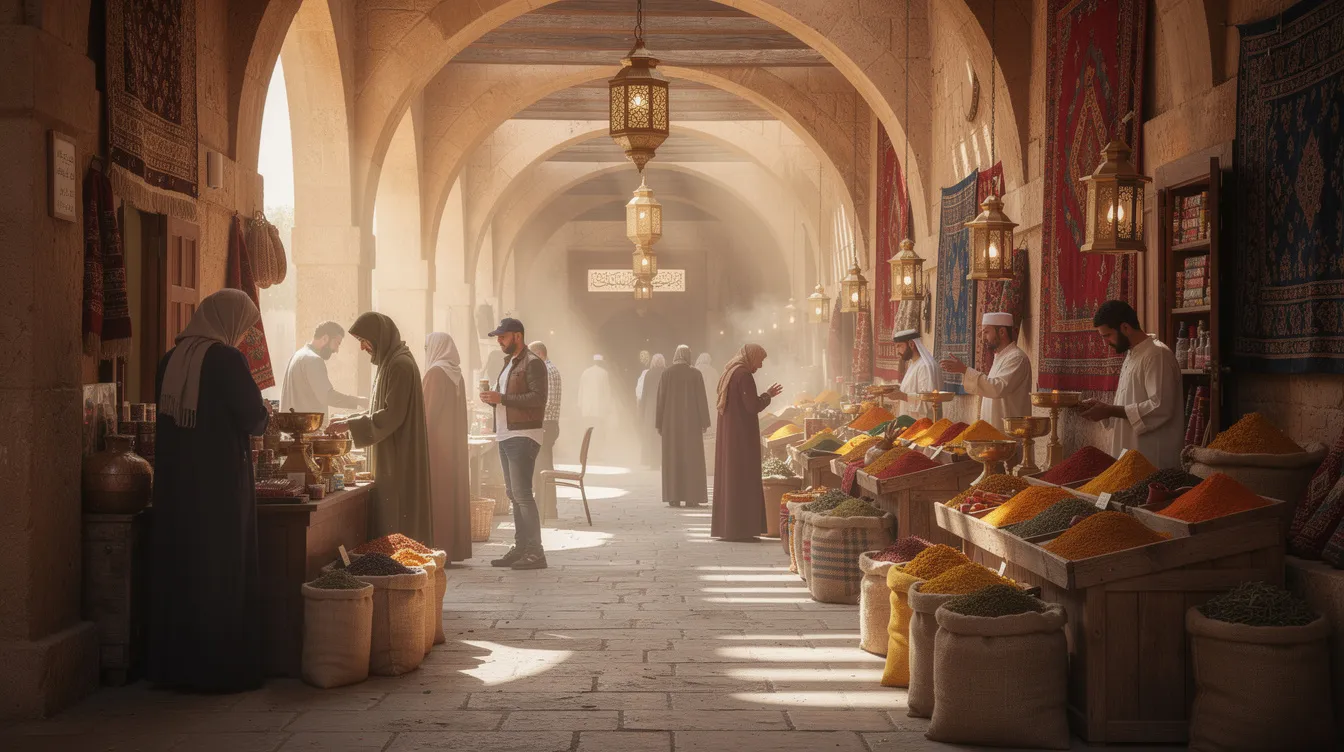 The image depicts a traditional Arabian marketplace featuring arched walkways adorned with hanging lanterns, vibrant spice stalls, and people navigating through narrow passages, reflecting the rich cultural heritage of urban development in Dubai. This scene illustrates the blend of economic growth and sustainable urban development, integral to the Dubai 2040 urban master plan.