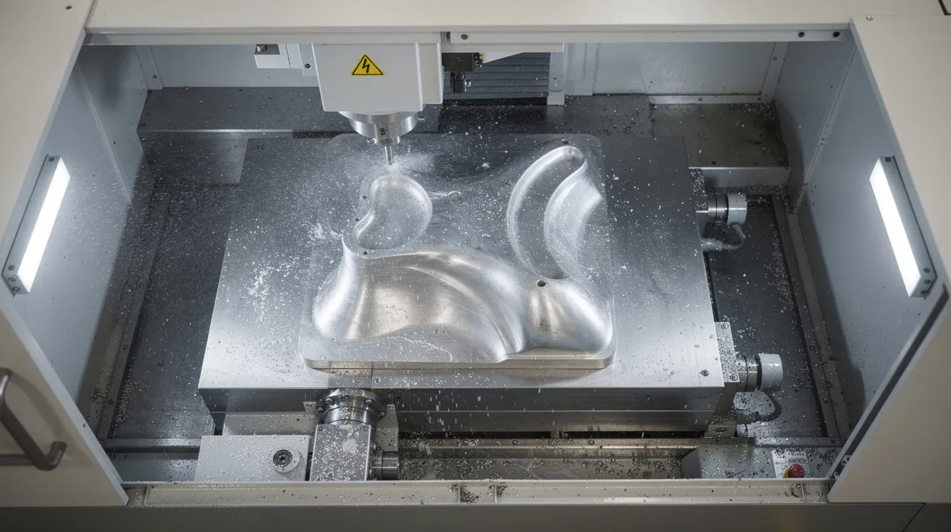 An overhead view captures a CNC 5-axis machining center in operation, skillfully milling a complex curved metal part. The machine's precision and speed highlight its capabilities in producing functional parts with longer tool life and reduced cycle times.