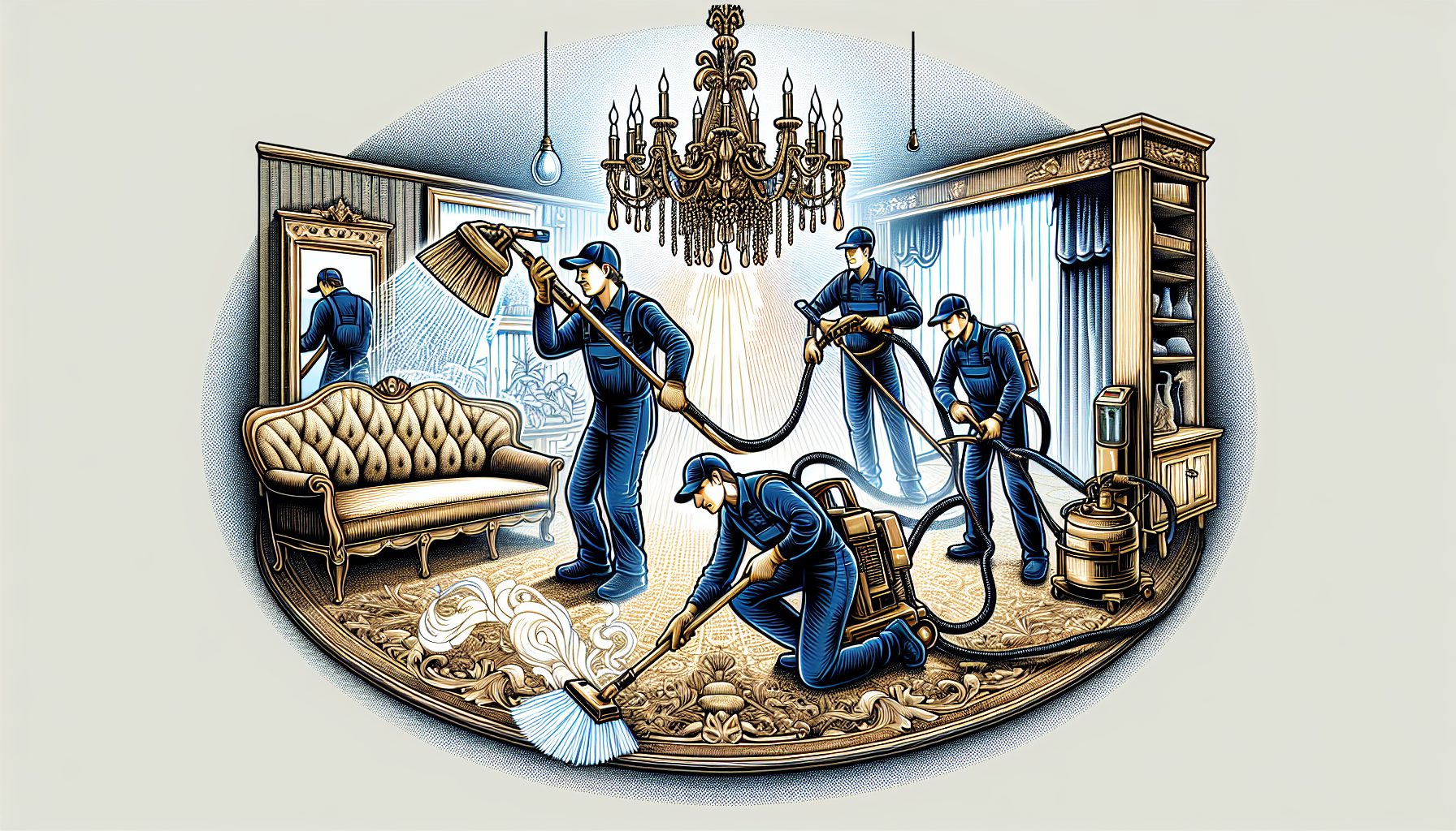 Illustration of professional deep cleaners using specialized equipment