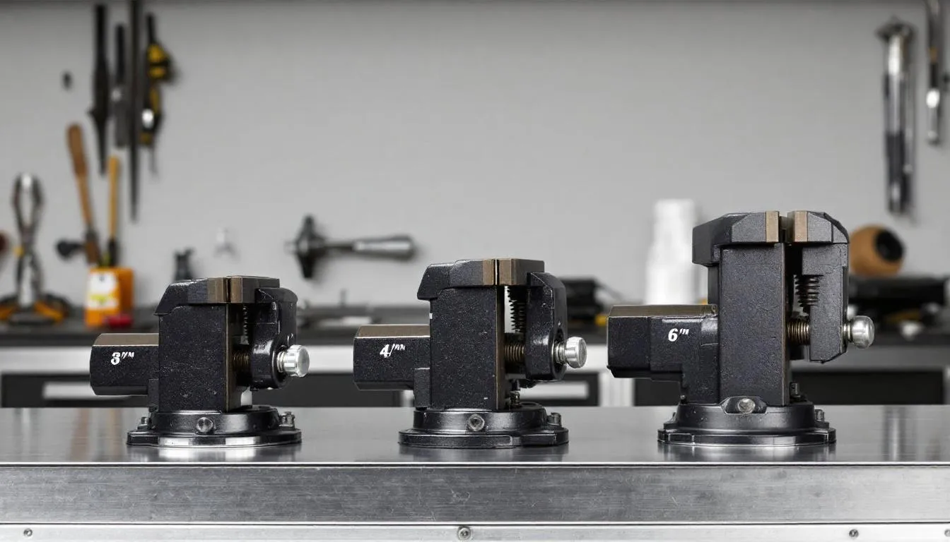 The image displays a comparison of three air vises with different jaw widths, showcasing 3-inch, 4-inch, and 6-inch models. Each vise is presented to highlight their actual product appearance, allowing viewers to see how the sizes differ in terms of jaw opening and clamping force.
