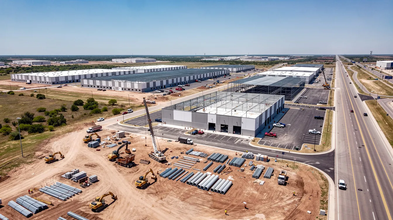 An aerial view captures a sprawling commercial construction site in Texas, featuring multiple warehouse buildings alongside a highway, under a clear blue sky. This image highlights the use of drone technology for visual inspections, showcasing the expansive layout of the construction project and the ongoing construction work.