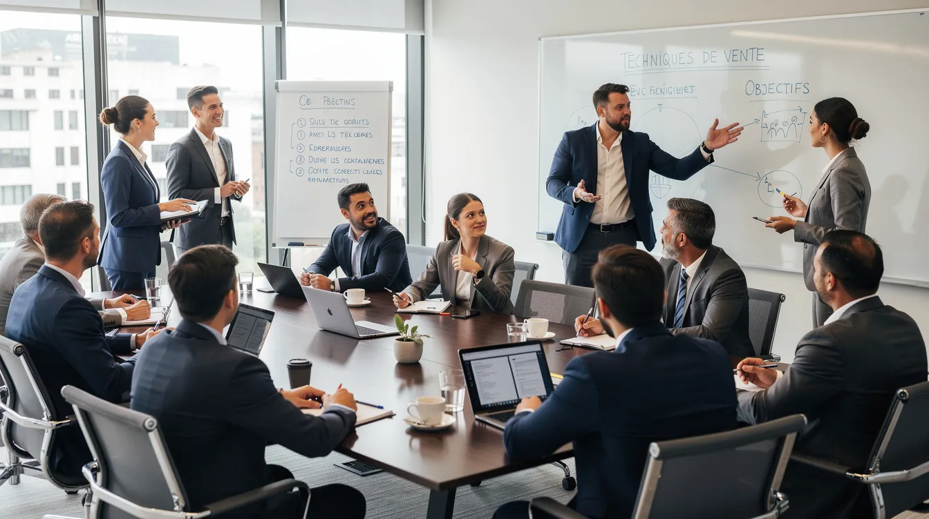 Un groupe de commerciaux participe à un atelier de formation pratique dirigé par un coach dans une salle de réunion, visant à développer leurs compétences en vente et à améliorer la performance commerciale de leurs équipes. L'environnement dynamique favorise l'échange d'idées et la mise à jour des techniques de vente pour atteindre les objectifs fixés.