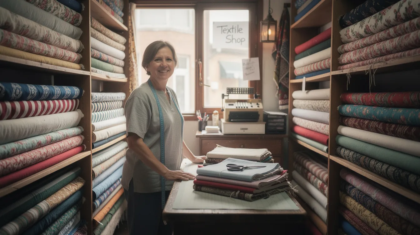 The image depicts a small business owner standing inside a modest textile shop, surrounded by shelves filled with colorful fabric rolls. This setting reflects the entrepreneurial spirit and dedication to providing quality products and services to the community.