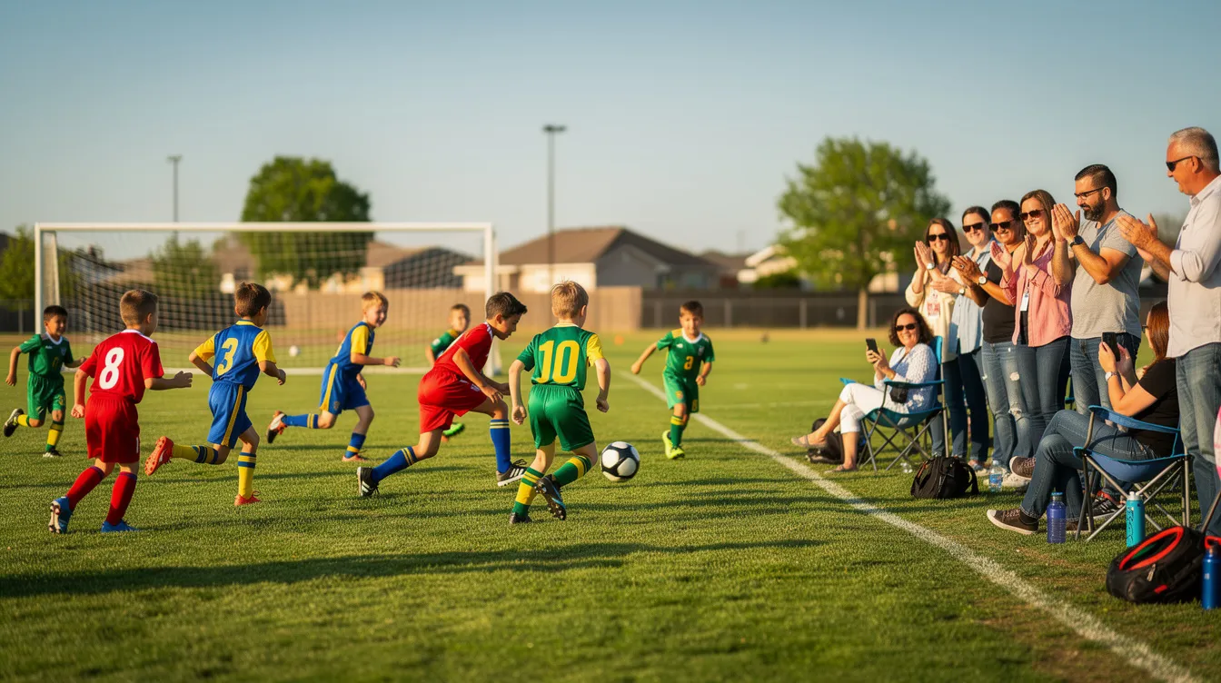 Auf einem grünen Spielfeld spielen Kinder in bunten Trikots Fußball, während Eltern am Rand zuschauen und die aufregenden Momente des Fußballturniers verfolgen. Die Atmosphäre ist voller Spaß und Begeisterung, während die jungen Spieler in ihren Teams gegeneinander antreten.