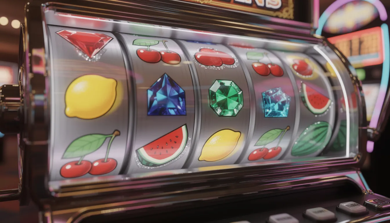 En färgglad spelautomat med snurrande hjul som visar frukter och ädelstenar. Den livliga rörelsen av symbolerna skapar en spännande atmosfär, perfekt för spelare hos kungaslottet casino.