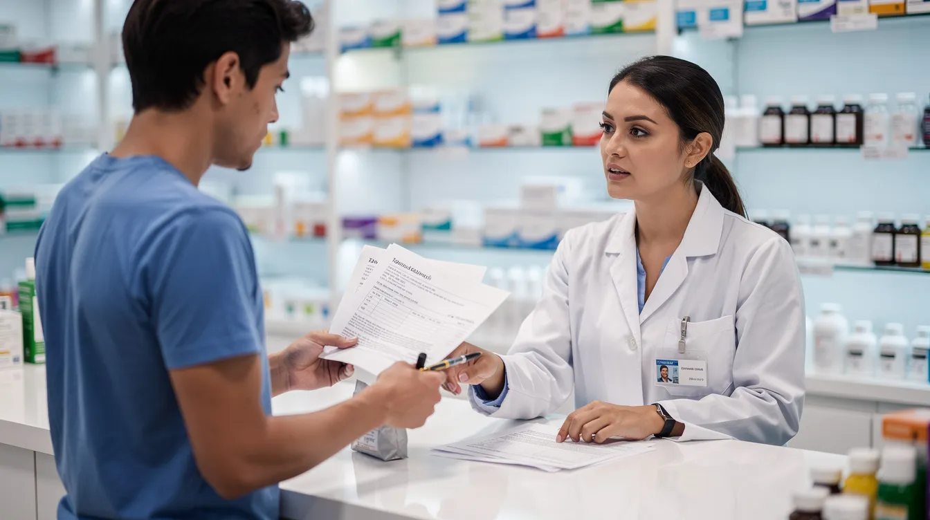 The image shows a person at a pharmacy counter engaged in a conversation with a pharmacist while reviewing paperwork related to their health goals, possibly discussing medications such as GLP-1 treatments for weight management or diabetes treatment. The interaction highlights the importance of professional medical advice in managing body weight and addressing health concerns.