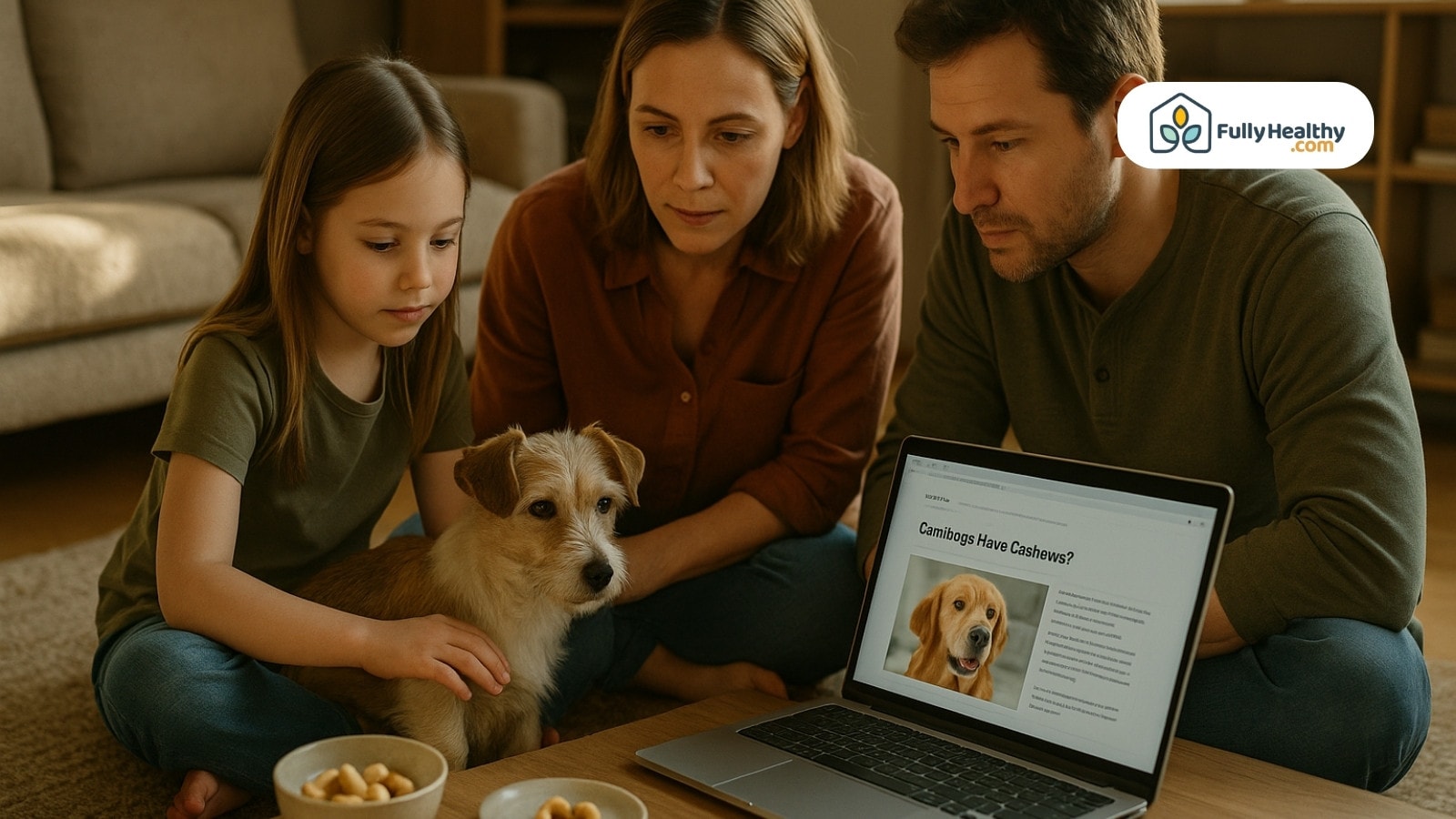 Family reads laptop article about dogs and cashews with pet between them