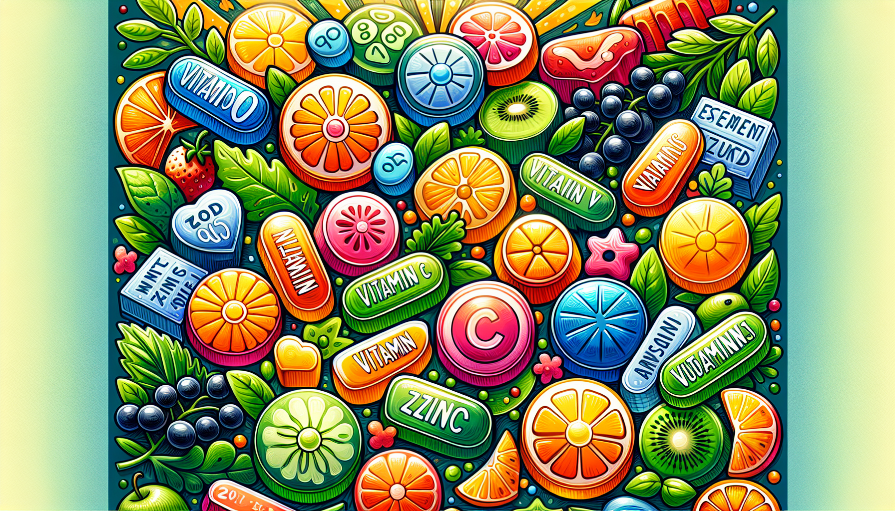 Illustration of essential vitamins and minerals found in sugar free gummy vitamins.