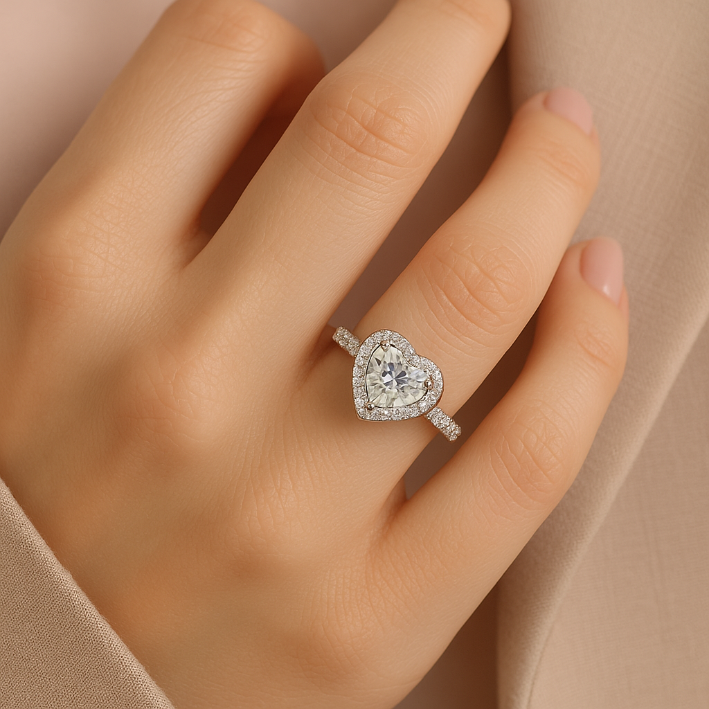 Baltos aukso sužadėtuvių žiedas su širdelės formos deimantu ir halo dizainu ant stilingos merginos bevardžio piršto.