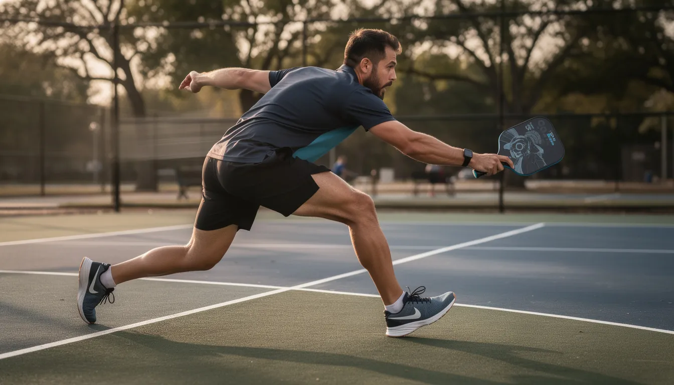 A player in a low athletic stance is pushing off laterally on a pickleball court, demonstrating dynamic footwork as they prepare to hit a forehand shot. The action emphasizes their focus on changing direction quickly, a key skill in singles pickleball drills.
