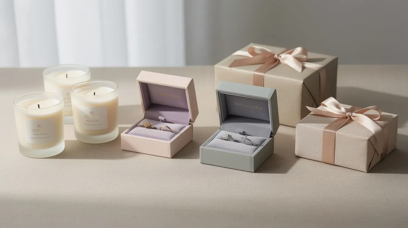 The image depicts a variety of gift products, including beautifully scented candles, elegant jewelry boxes, and festively wrapped presents, ideal for holiday shopping. These items represent trending products that online sellers can feature in their dropshipping store to boost sales during major shopping events.