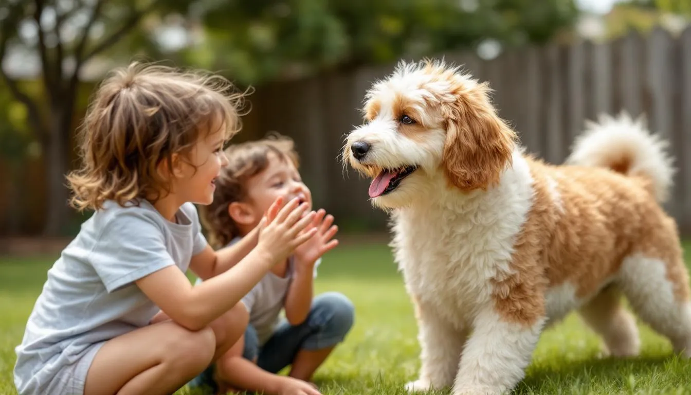 A bernedoodle gently interacts with children in a backyard, showcasing its playful nature and family-friendly temperament. This curly-coated pup, a mix of Bernese Mountain Dog and Poodle, is an excellent companion for families and known for being adaptable and hypoallergenic.