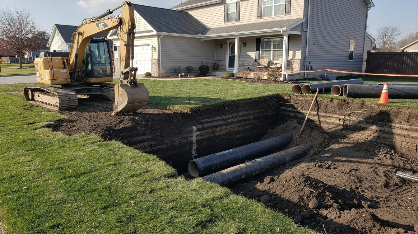 An excavation equipment is parked next to a residential lawn, revealing a trench that exposes a sewer pipe, indicating ongoing plumbing work. This scene highlights the importance of professional plumbers in addressing plumbing issues and ensuring reliable service for homeowners.