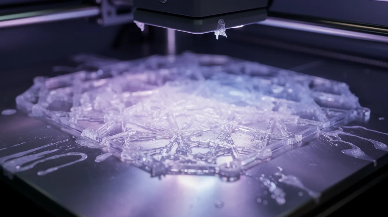 A close-up view shows a UV light curing a translucent resin pattern on a stereolithography 3D printer's build platform, highlighting the precision and detail involved in the rapid prototype investment casting process. This method allows for the creation of complex geometries and patterns, essential for industries like automotive manufacturing.