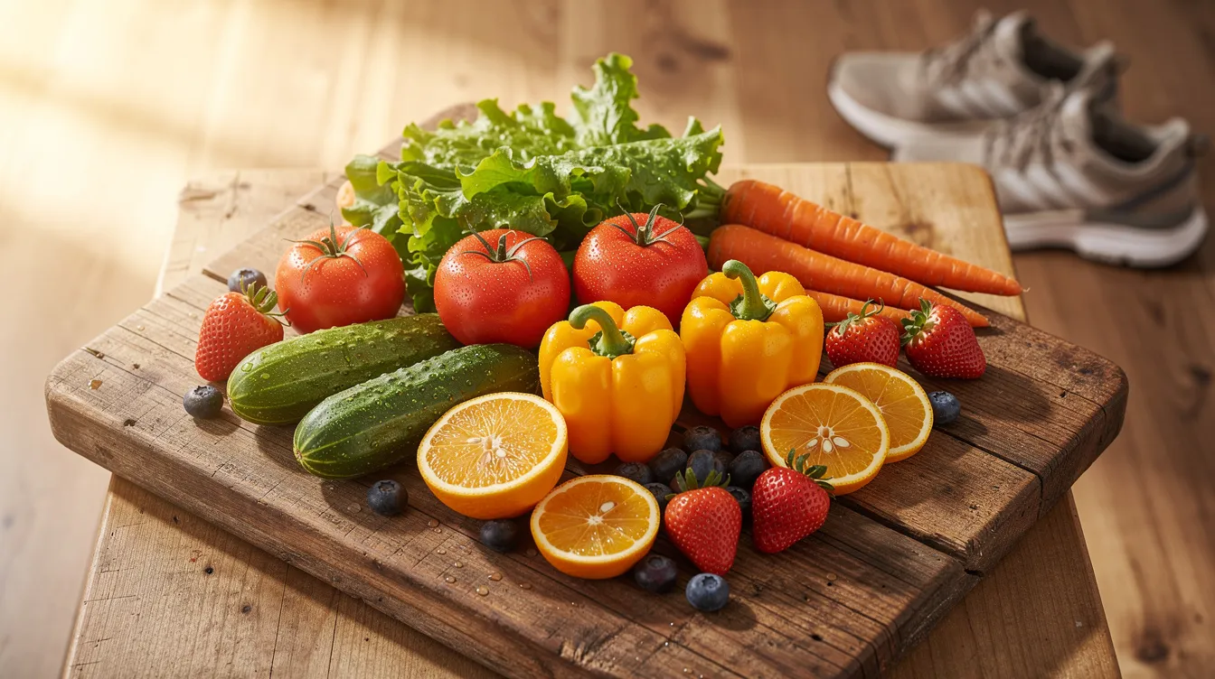 The image features a vibrant arrangement of fresh vegetables and fruits on a wooden cutting board, with a pair of running shoes in the background, suggesting a focus on healthy eating and physical activity. This scene emphasizes the importance of nutrition in supporting muscle function and enhancing insulin sensitivity for better metabolic health.