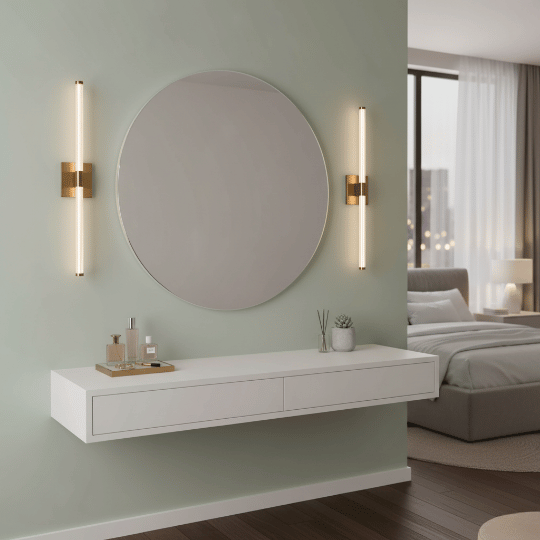 Slim vertical wall sconces beside a round mirror adding warm accent lighting to a bedroom vanity wall .