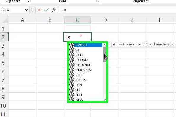 a list of all the matching formulas will appear.