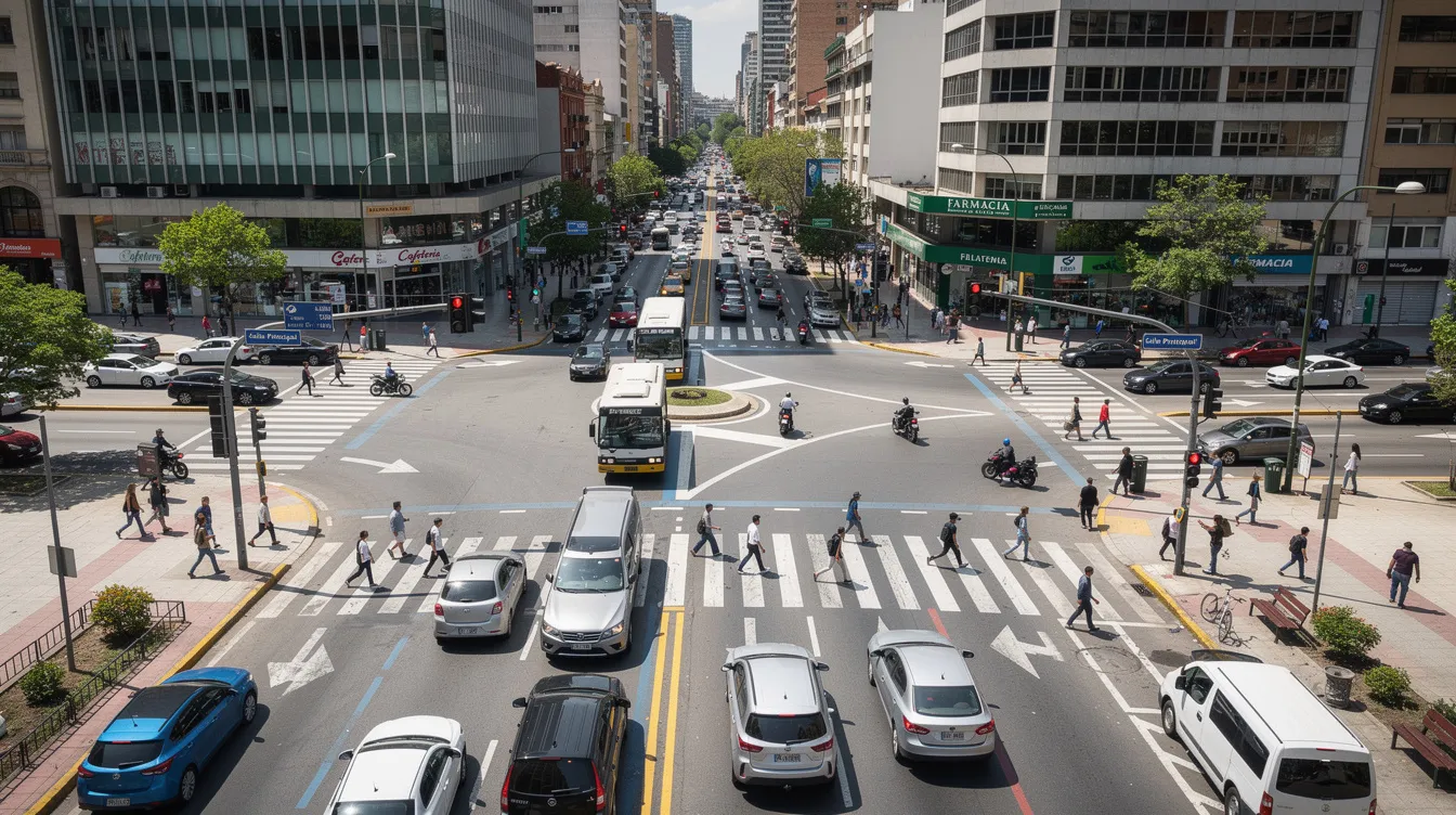 Una intersección urbana concurrida en una gran ciudad muestra vehículos de diferentes tipos y señales de tráfico, reflejando la actividad constante del transporte compartido, como Uber y Lyft en Houston. Este entorno puede ser propenso a accidentes, lo que resalta la importancia de contar con un abogado de accidentes en caso de colisiones.
