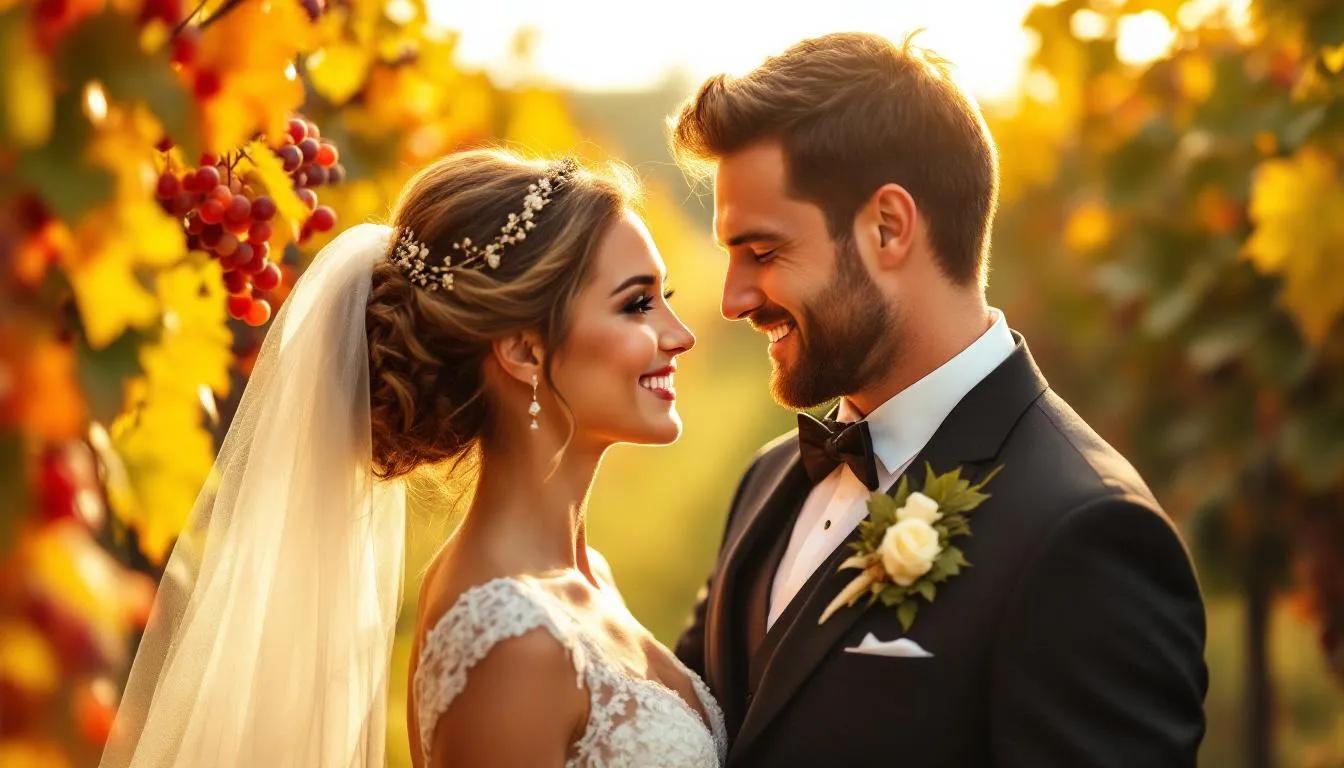 Ein Hochzeitspaar steht im goldenen Herbstlicht zwischen bunten Weinreben, umgeben von der malerischen Kulisse der Weinberge in der Region Baden-Württemberg. Diese romantische Atmosphäre bietet eine traumhafte Location für Hochzeiten, ideal für unvergessliche Momente und Feierlichkeiten.