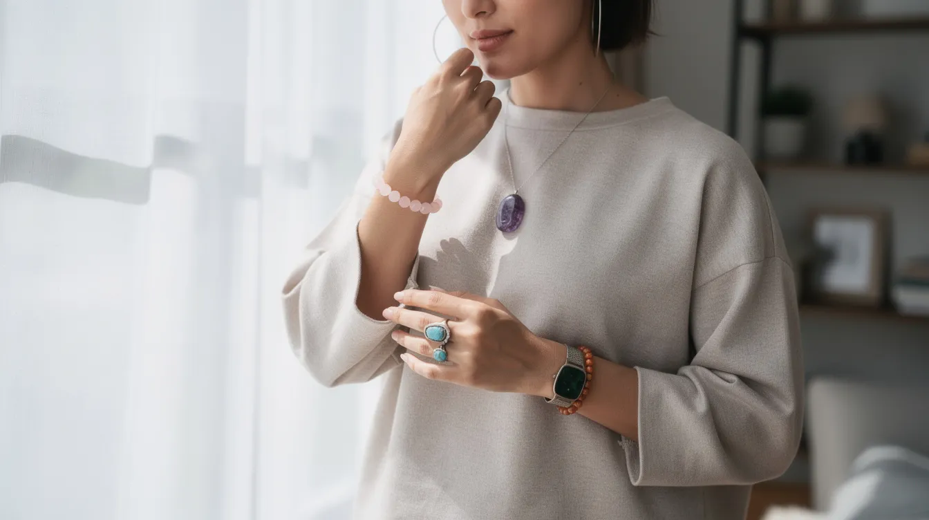 The image features a collection of intention-based crystal jewelry, including pieces made with amethyst, rose quartz, carnelian, turquoise, and bloodstone, each symbolizing different wellness benefits. These stylish accessories serve as a daily reminder for self-care and mindfulness, beautifully combining aesthetics with the support of emotional balance and personal wellbeing.