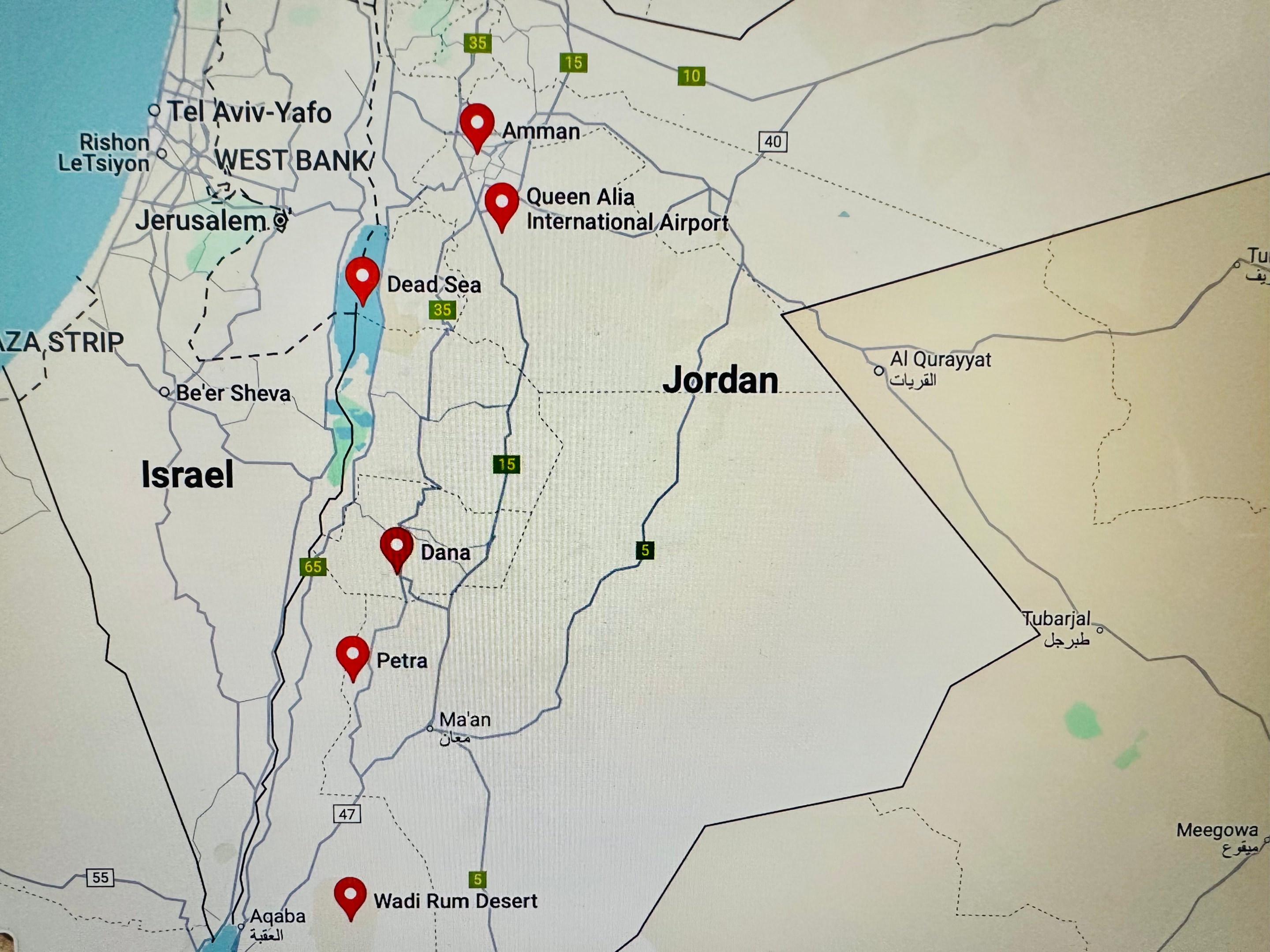 A map of the major tourist attractions in Jordan