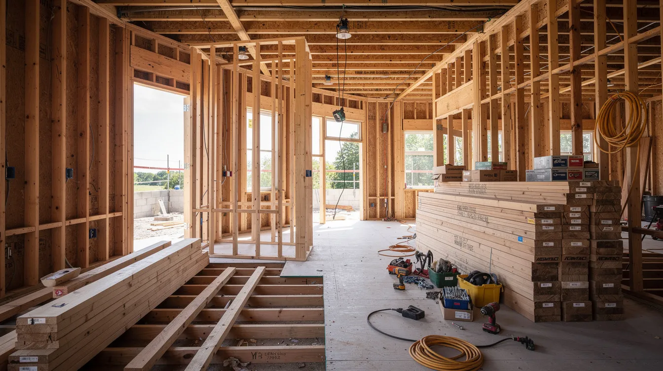 The image depicts a well-organized residential construction site, showcasing exposed framing and neatly arranged materials inside a house undergoing renovation. This efficient setup reflects effective project management practices, ensuring that the home improvement project runs smoothly and meets client expectations.