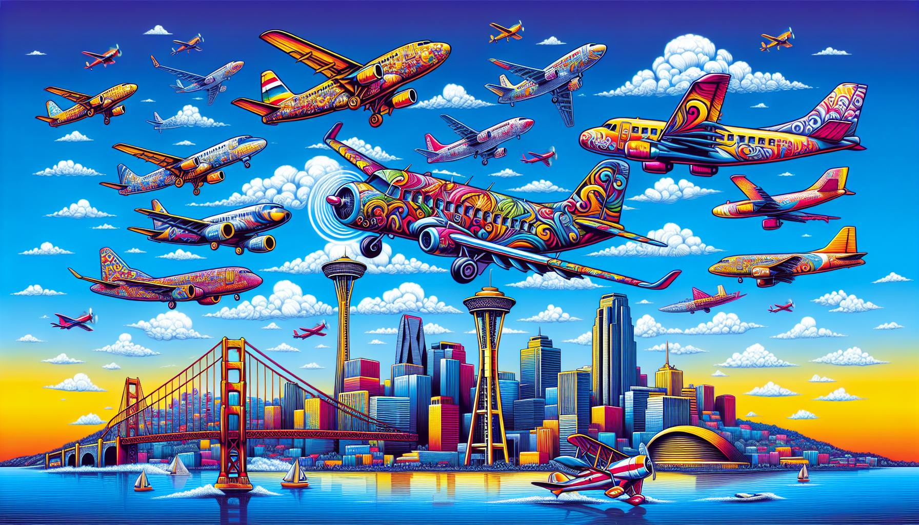 Illustration depicting major airlines flying from DFW to SFO, including generic airplane designs.