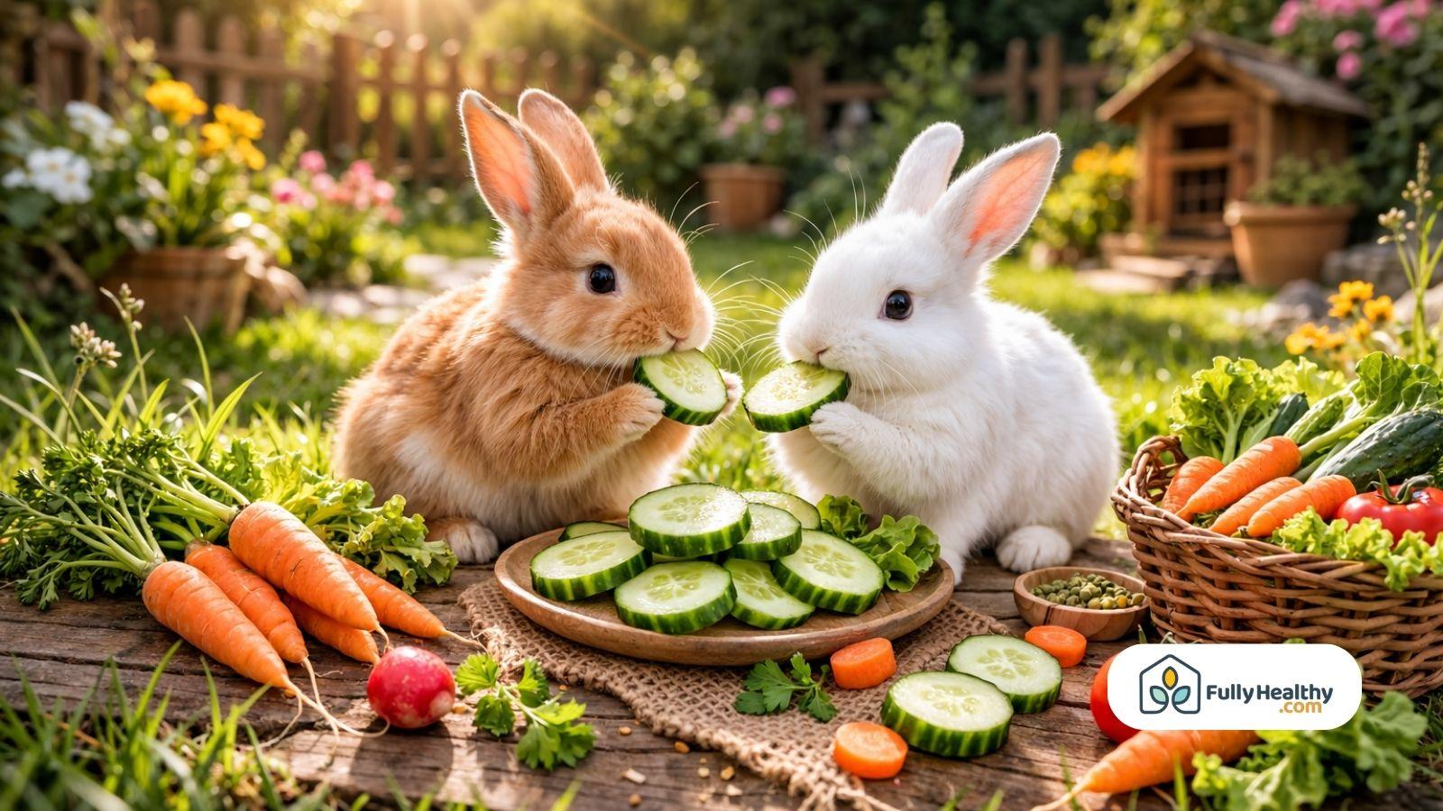 Two rabbits eating cucumber slices in sunny garden with fresh vegetables