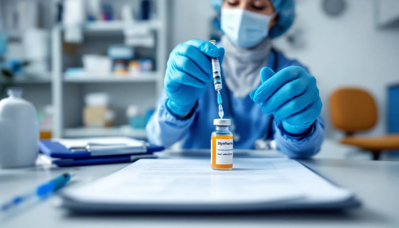 A healthcare provider is preparing a diphtheria vaccine injection in a medical setting, showcasing the importance of diphtheria vaccination to prevent serious bacterial infections. The scene emphasizes the role of healthcare professionals in administering recommended vaccines to protect individuals and the entire community from diseases like diphtheria and whooping cough.