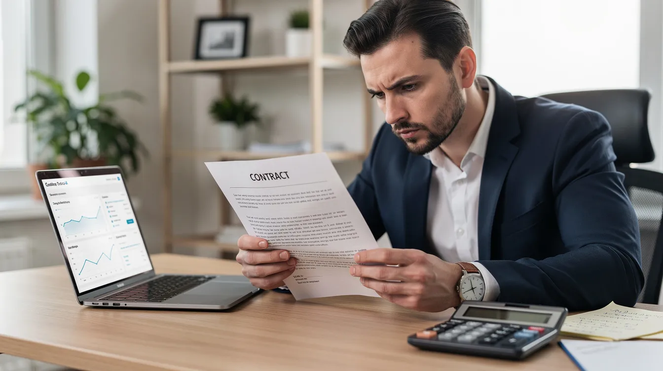 A business owner is sitting at a desk, carefully reviewing a contract document, with a calculator and laptop beside them, highlighting the importance of understanding terms for 中小企業貸款 and financing options. The scene conveys a sense of diligence and professionalism in managing business finances.